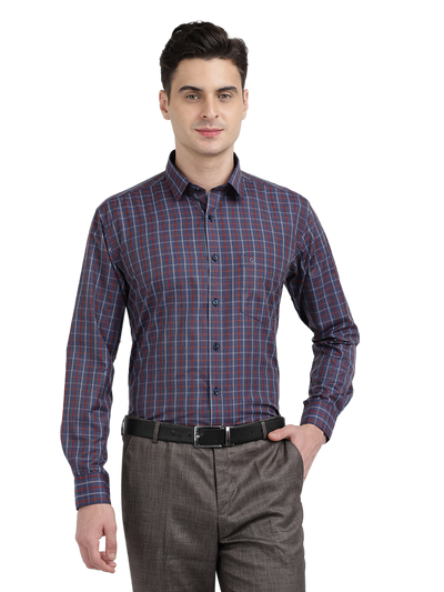 Model wearing Clarke Gable's Navy With Red Checked Formal Shirt in a casual setting