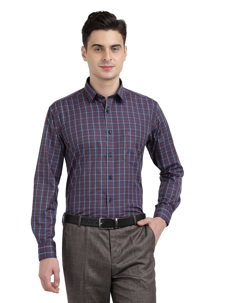 Model wearing Clarke Gable's Navy With Red Checked Formal Shirt in a casual setting