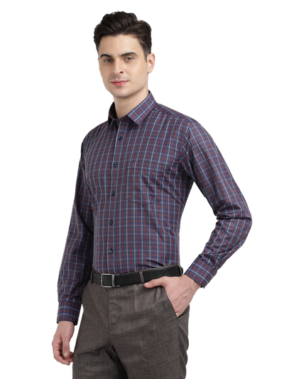 Model wearing Clarke Gable's Navy With Red Checked Formal Shirt in a casual setting