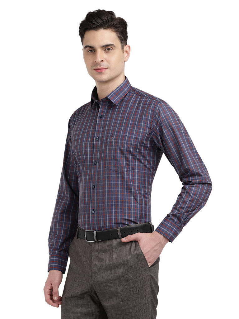 Model wearing Clarke Gable's Navy With Red Checked Formal Shirt in a casual setting