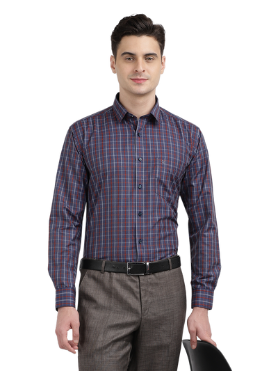 Model wearing Clarke Gable's Navy With Red Checked Formal Shirt in a casual setting