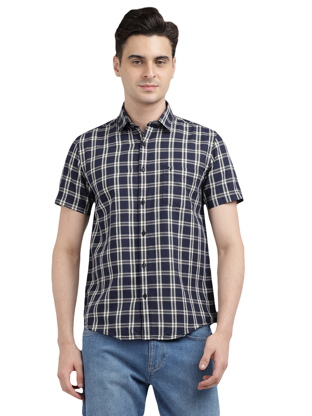 Model wearing Clarke Gable's Navy With White Checked Casual Shirt in a casual setting