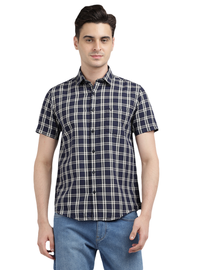 Model wearing Clarke Gable's Navy With White Checked Casual Shirt in a casual setting