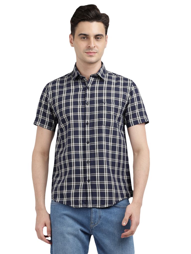 Model wearing Clarke Gable's Navy With White Checked Casual Shirt in a casual setting