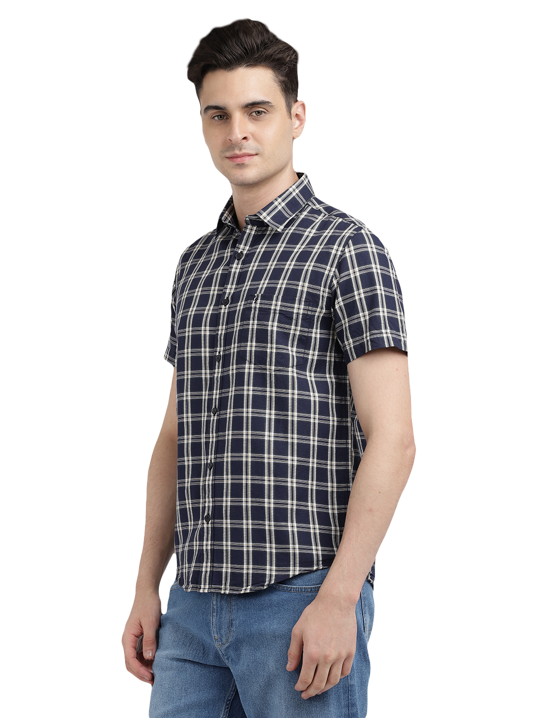 Model wearing Clarke Gable's Navy With White Checked Casual Shirt in a casual setting