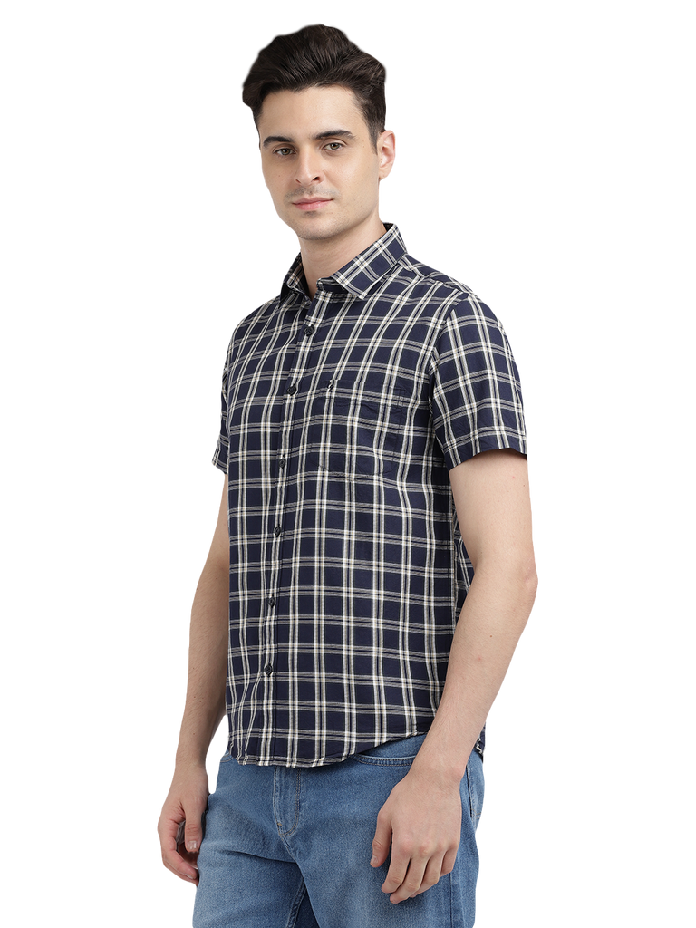 Model wearing Clarke Gable's Navy With White Checked Casual Shirt in a casual setting