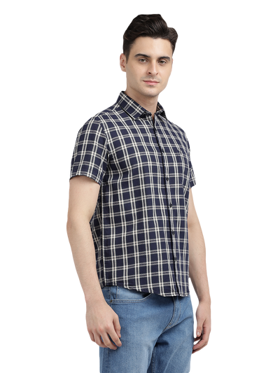 Model wearing Clarke Gable's Navy With White Checked Casual Shirt in a casual setting