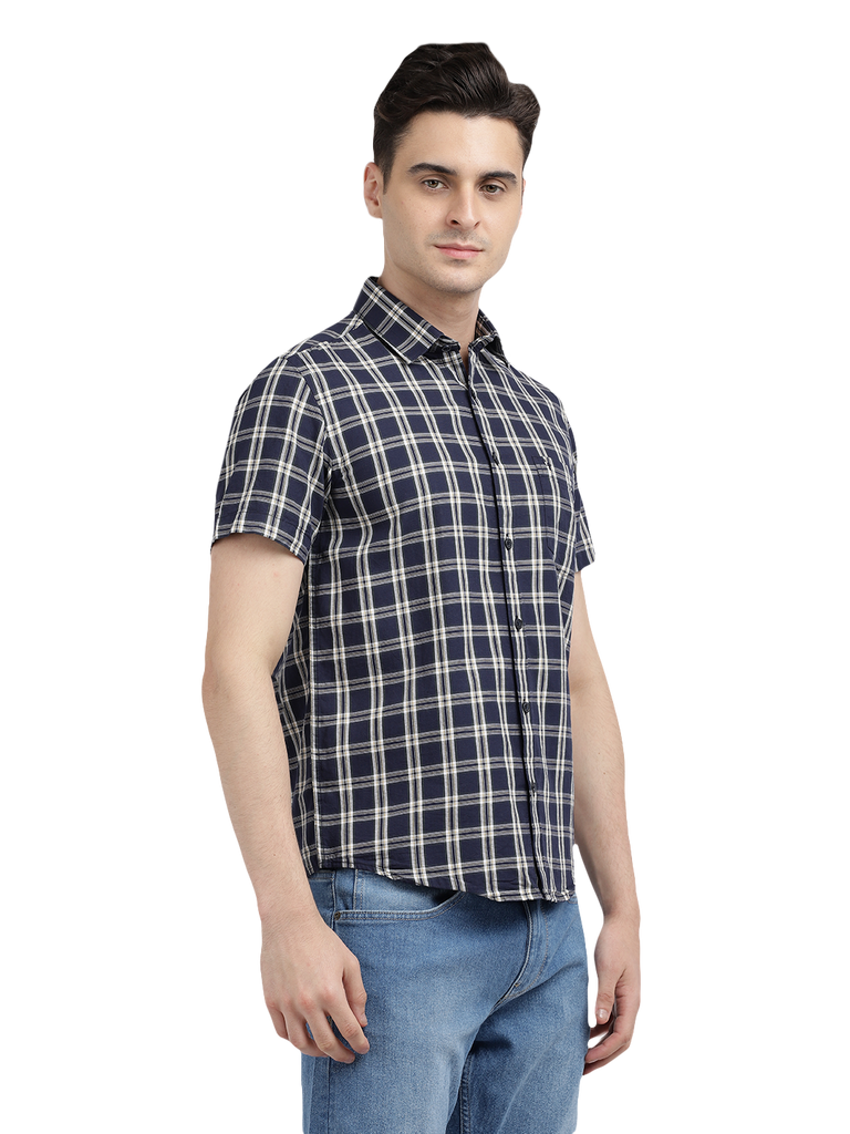 Model wearing Clarke Gable's Navy With White Checked Casual Shirt in a casual setting