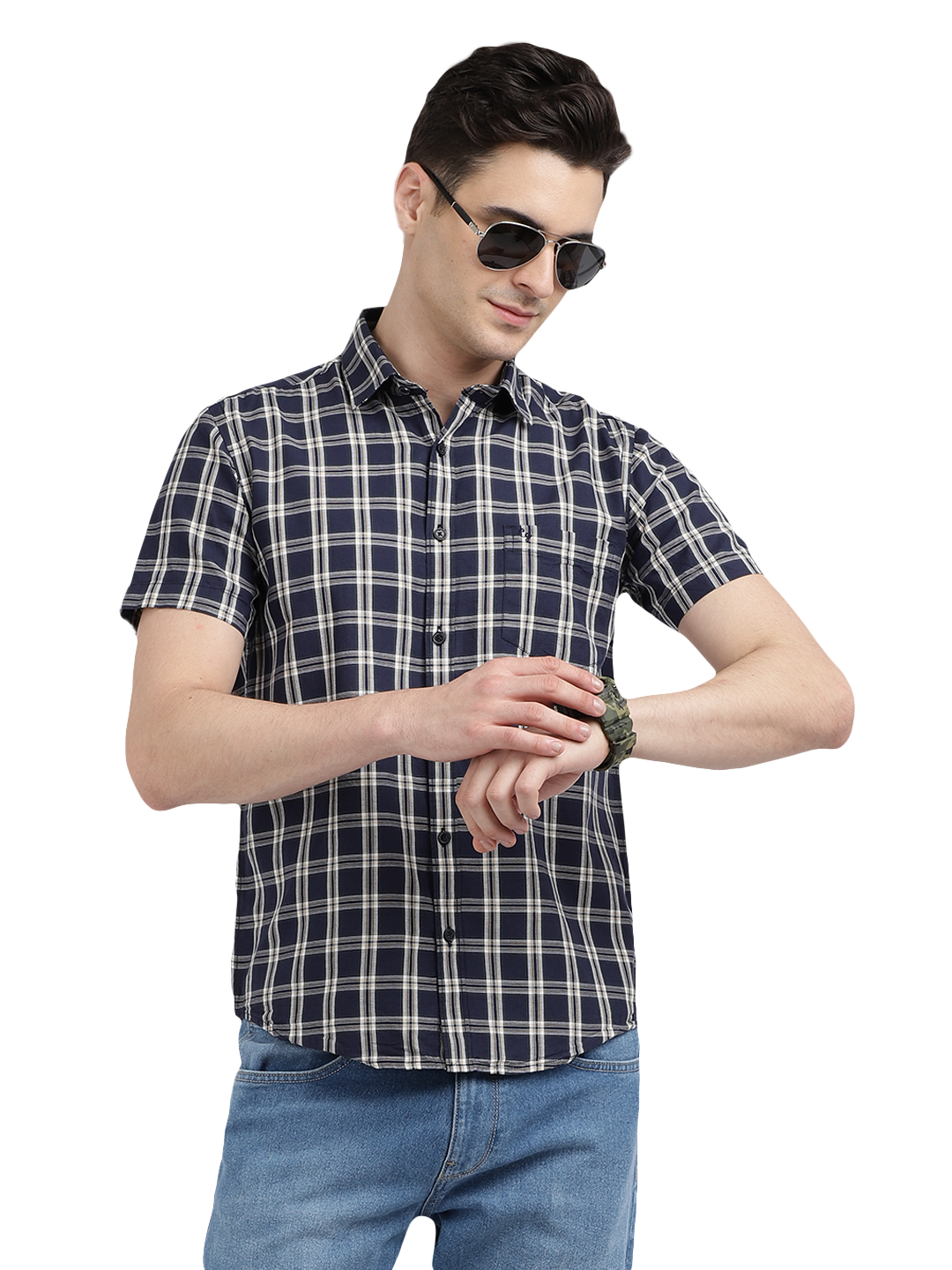 Model wearing Clarke Gable's Navy With White Checked Casual Shirt in a casual setting