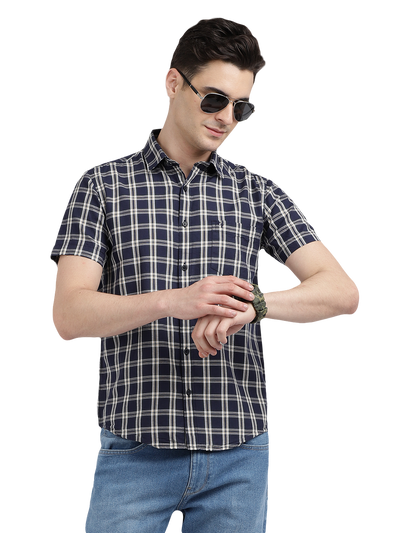 Model wearing Clarke Gable's Navy With White Checked Casual Shirt in a casual setting