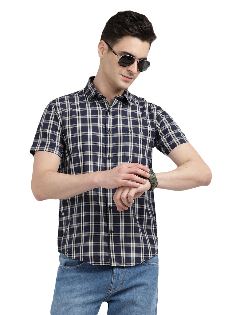 Model wearing Clarke Gable's Navy With White Checked Casual Shirt in a casual setting