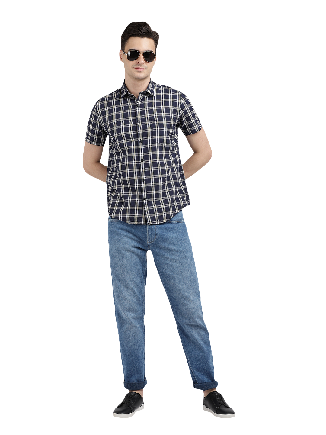 Model wearing Clarke Gable's Navy With White Checked Casual Shirt in a casual setting
