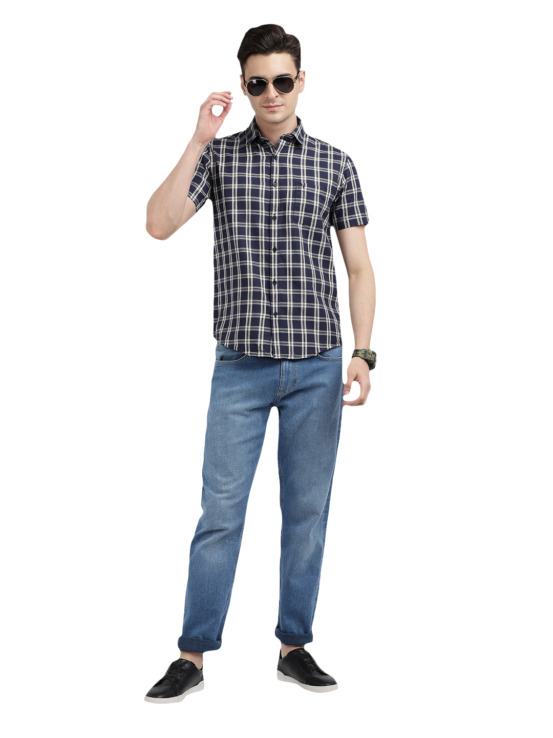 Model wearing Clarke Gable's Navy With White Checked Casual Shirt in a casual setting