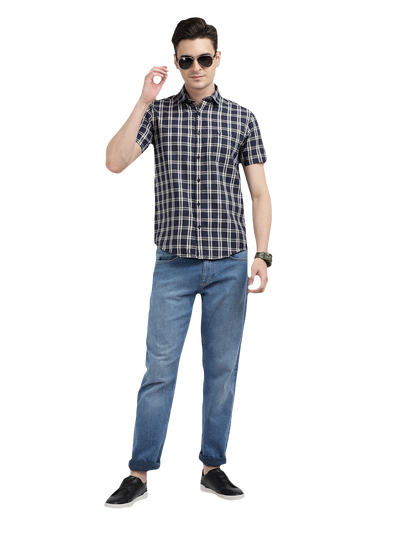 Model wearing Clarke Gable's Navy With White Checked Casual Shirt in a casual setting