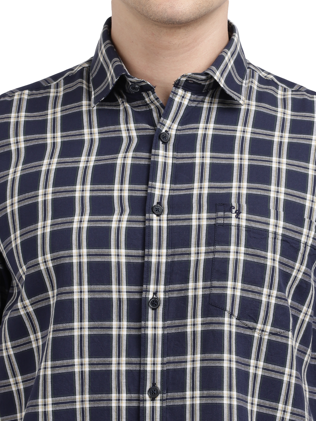 Model wearing Clarke Gable's Navy With White Checked Casual Shirt in a casual setting