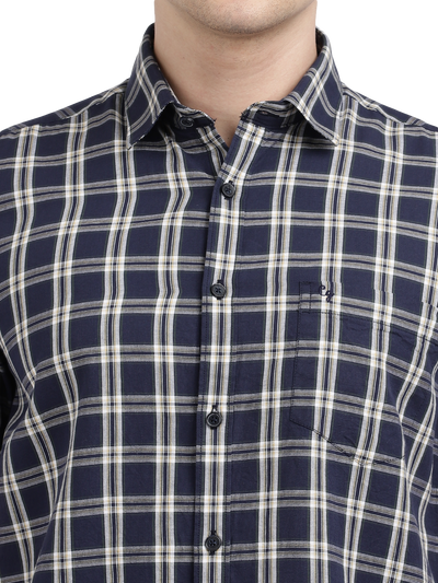 Model wearing Clarke Gable's Navy With White Checked Casual Shirt in a casual setting
