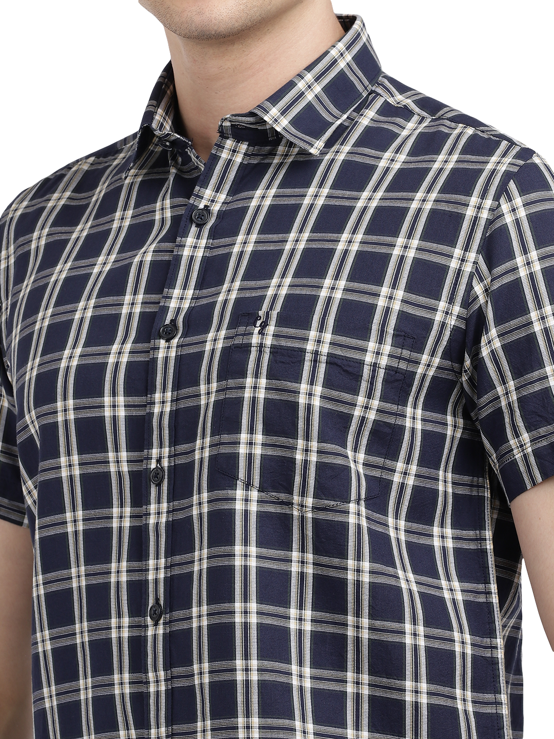Model wearing Clarke Gable's Navy With White Checked Casual Shirt in a casual setting