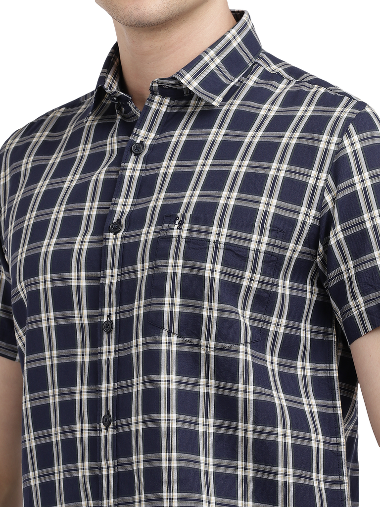 Model wearing Clarke Gable's Navy With White Checked Casual Shirt in a casual setting