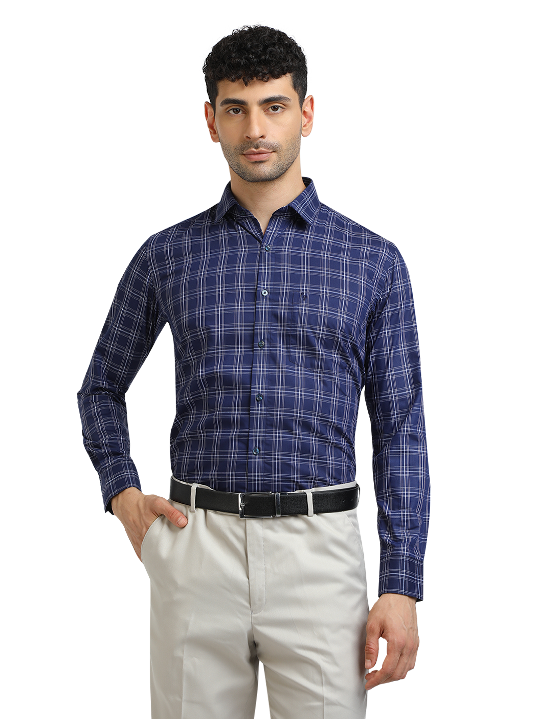 Model wearing Clarke Gable's Navy With White Checked Formal Shirt in a casual setting