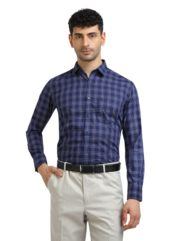 Model wearing Clarke Gable's Navy With White Checked Formal Shirt in a casual setting