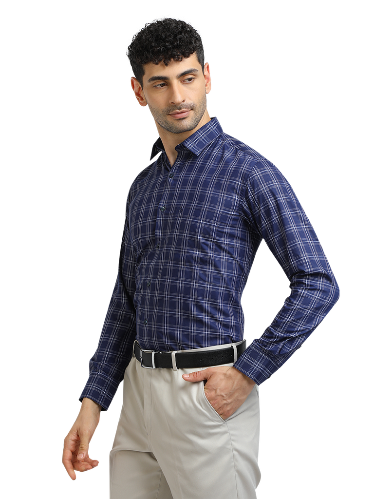 Model wearing Clarke Gable's Navy With White Checked Formal Shirt in a casual setting