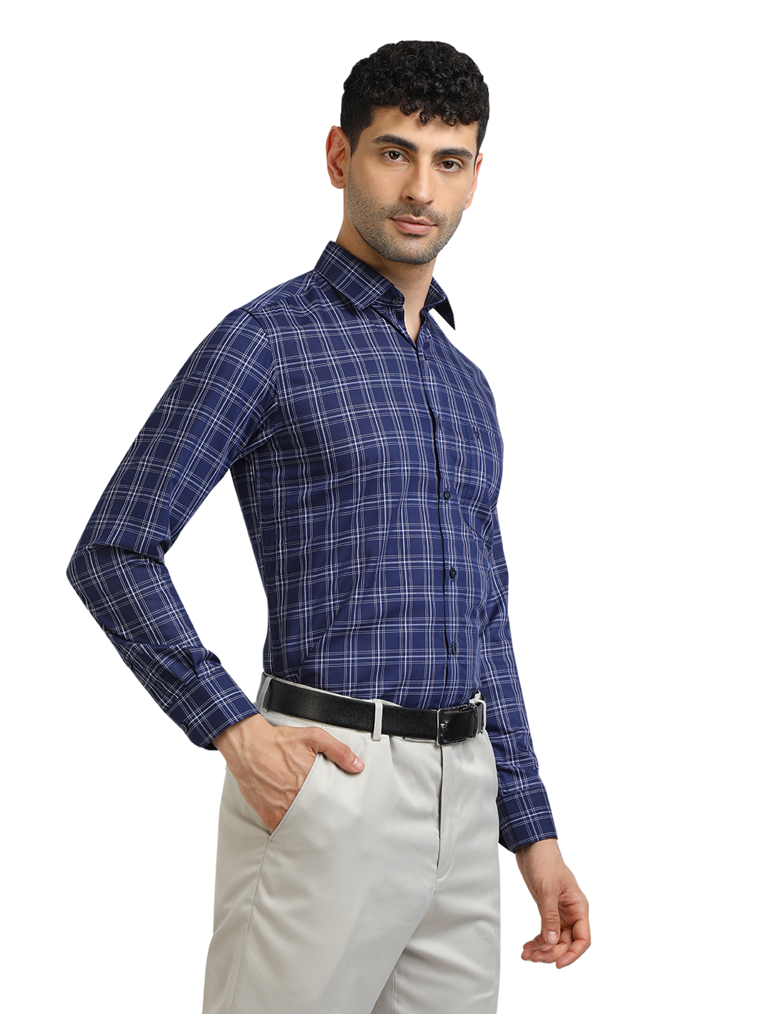 Model wearing Clarke Gable's Navy With White Checked Formal Shirt in a casual setting