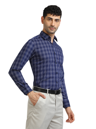 Model wearing Clarke Gable's Navy With White Checked Formal Shirt in a casual setting