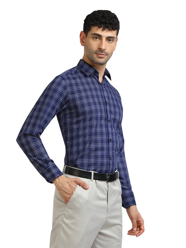 Model wearing Clarke Gable's Navy With White Checked Formal Shirt in a casual setting