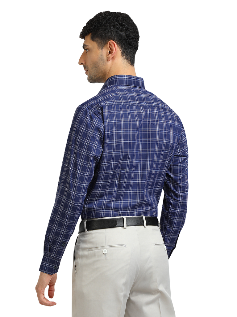 Model wearing Clarke Gable's Navy With White Checked Formal Shirt in a casual setting