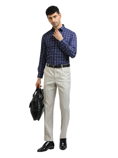 Model wearing Clarke Gable's Navy With White Checked Formal Shirt in a casual setting