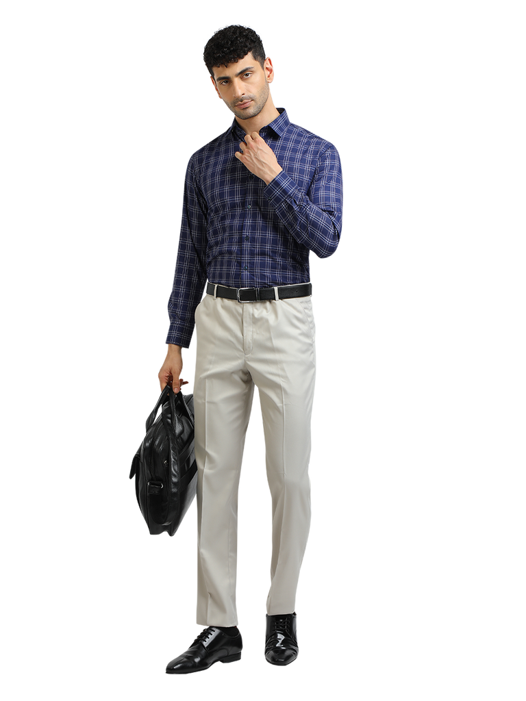 Model wearing Clarke Gable's Navy With White Checked Formal Shirt in a casual setting