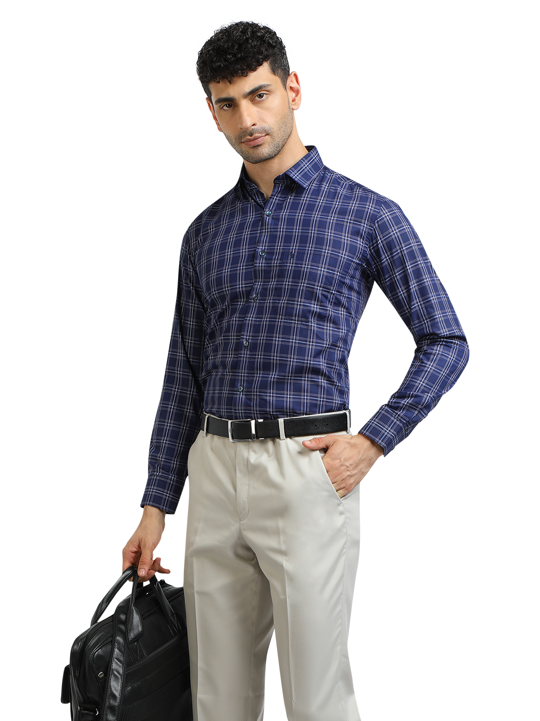 Model wearing Clarke Gable's Navy With White Checked Formal Shirt in a casual setting