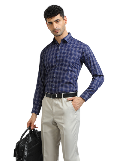 Model wearing Clarke Gable's Navy With White Checked Formal Shirt in a casual setting