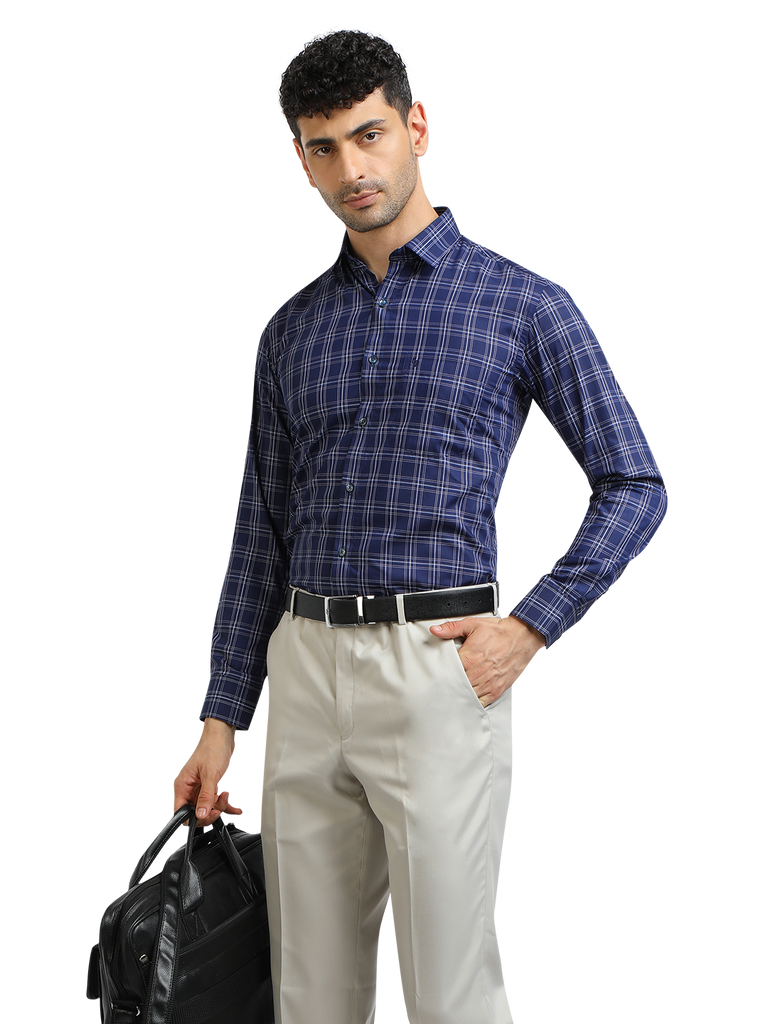 Model wearing Clarke Gable's Navy With White Checked Formal Shirt in a casual setting