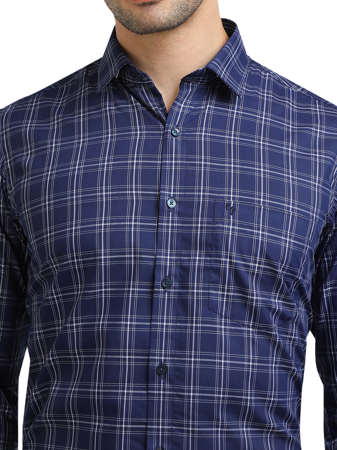 Model wearing Clarke Gable's Navy With White Checked Formal Shirt in a casual setting