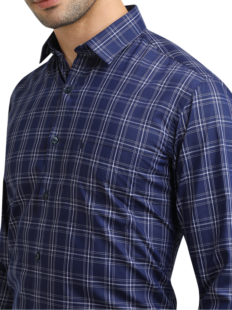 Model wearing Clarke Gable's Navy With White Checked Formal Shirt in a casual setting