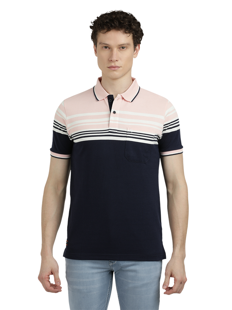 Model wearing Clarke Gable's Navy with Pink Striped Polo Collar T-Shirt in a casual setting