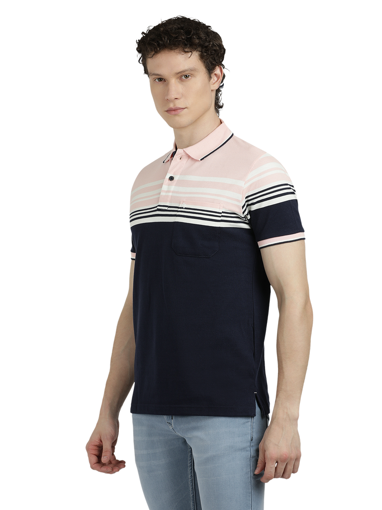 Model wearing Clarke Gable's Navy with Pink Striped Polo Collar T-Shirt in a casual setting