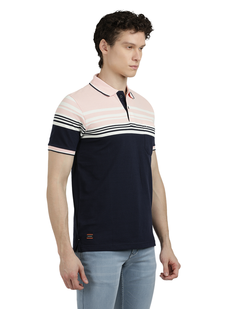 Model wearing Clarke Gable's Navy with Pink Striped Polo Collar T-Shirt in a casual setting