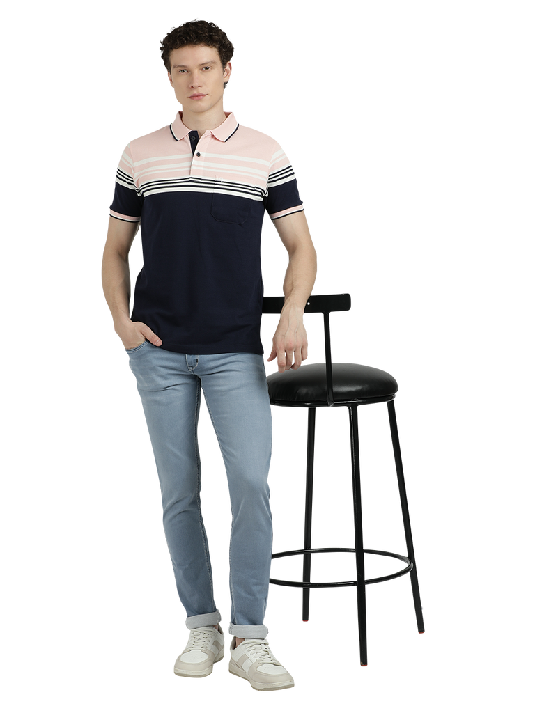 Model wearing Clarke Gable's Navy with Pink Striped Polo Collar T-Shirt in a casual setting