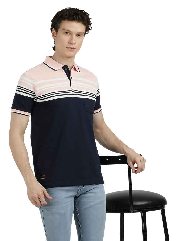 Model wearing Clarke Gable's Navy with Pink Striped Polo Collar T-Shirt in a casual setting