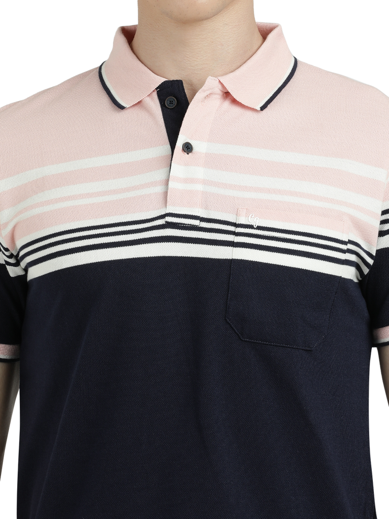 Model wearing Clarke Gable's Navy with Pink Striped Polo Collar T-Shirt in a casual setting