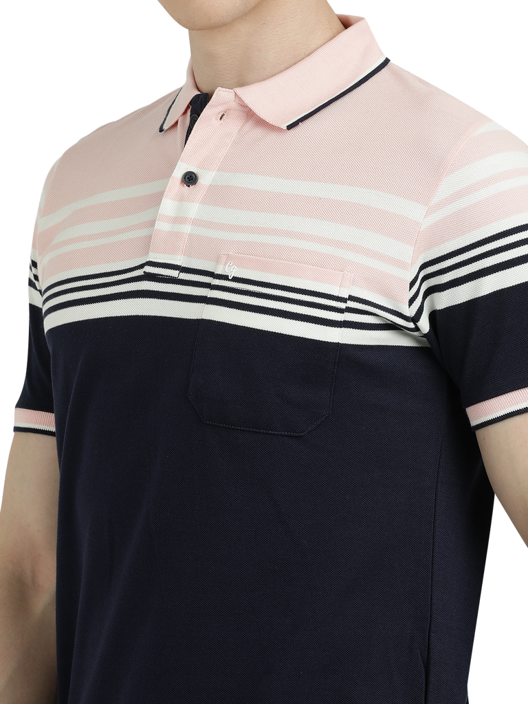 Model wearing Clarke Gable's Navy with Pink Striped Polo Collar T-Shirt in a casual setting