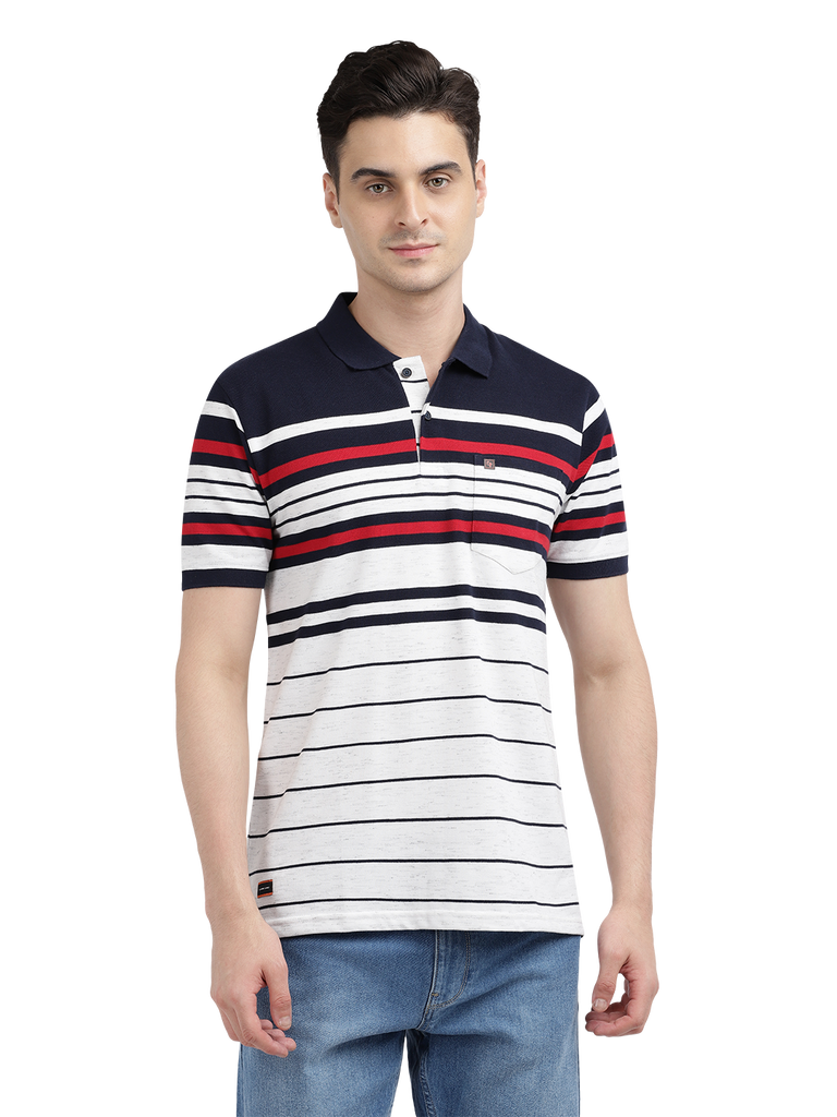 Model wearing Clarke Gable's Navy with White Striped Polo Collar T-Shirt in a casual setting