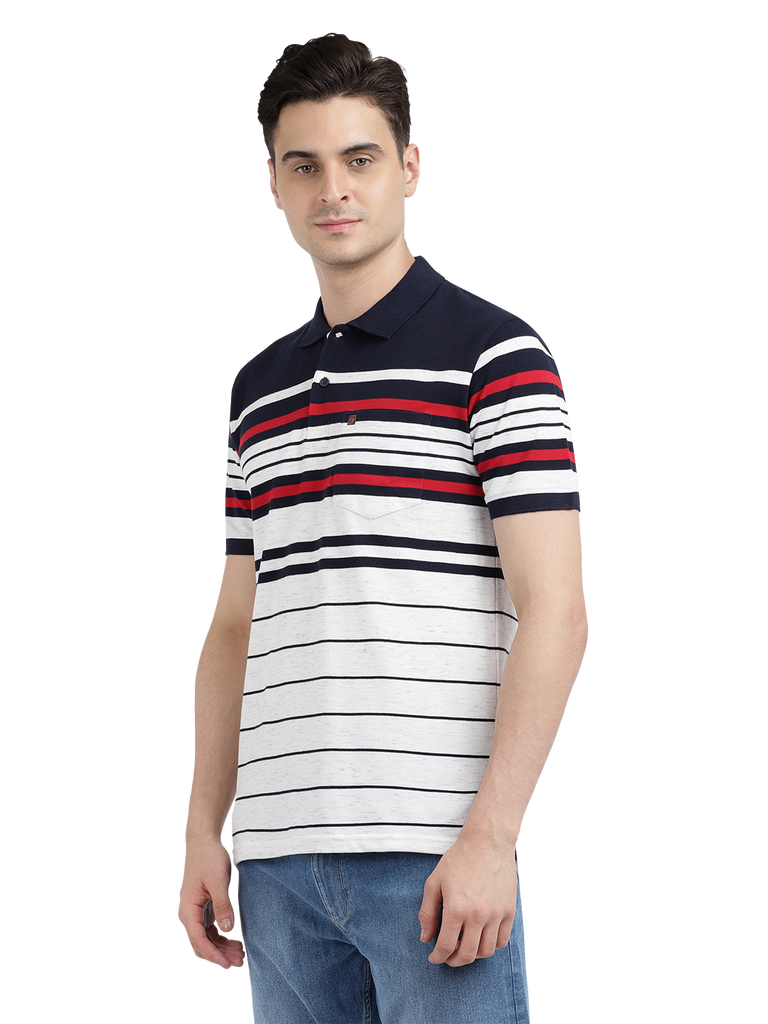 Model wearing Clarke Gable's Navy with White Striped Polo Collar T-Shirt in a casual setting