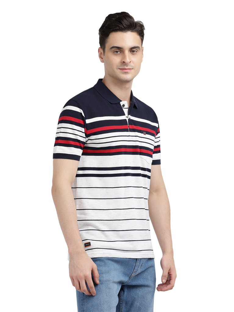 Model wearing Clarke Gable's Navy with White Striped Polo Collar T-Shirt in a casual setting