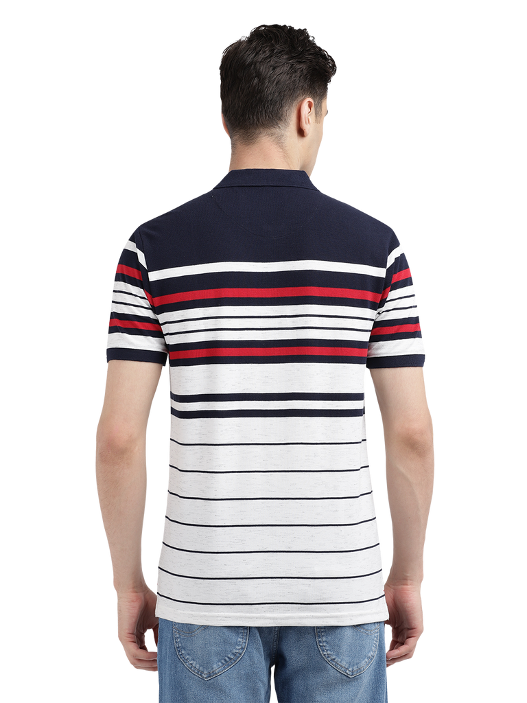 Model wearing Clarke Gable's Navy with White Striped Polo Collar T-Shirt in a casual setting