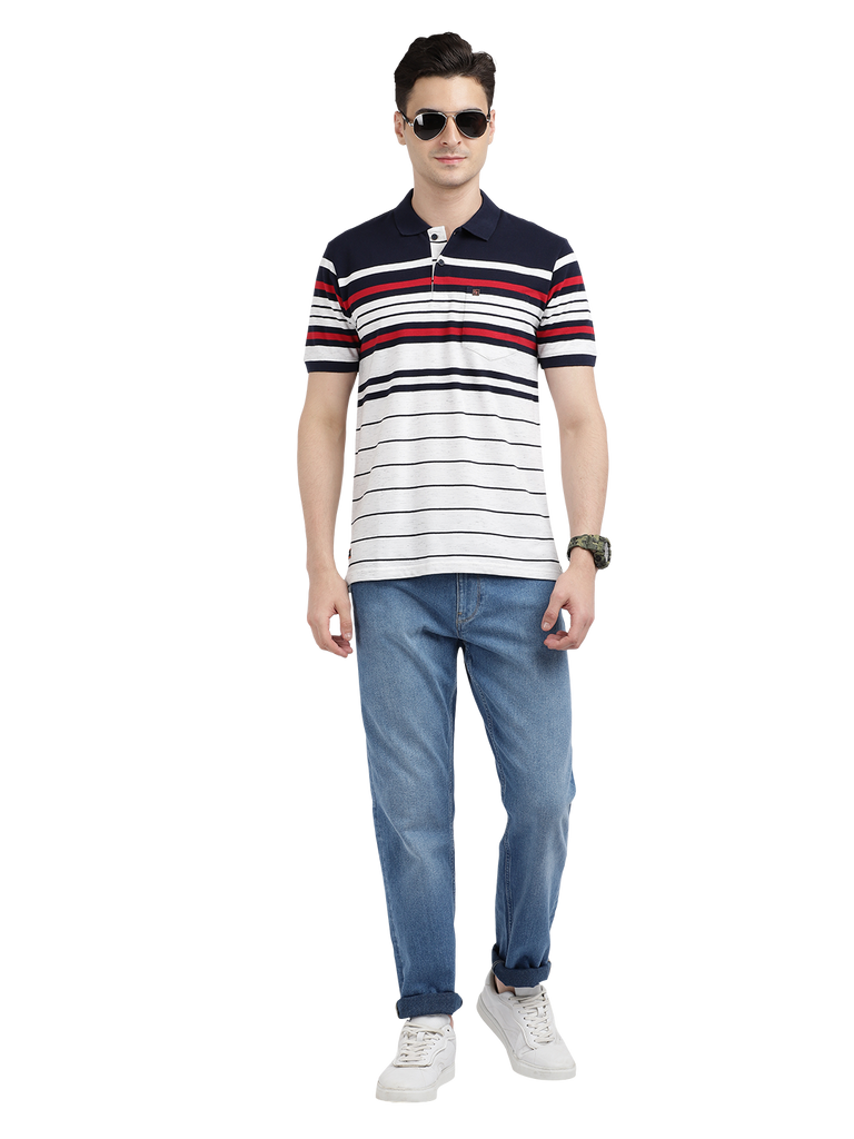 Model wearing Clarke Gable's Navy with White Striped Polo Collar T-Shirt in a casual setting