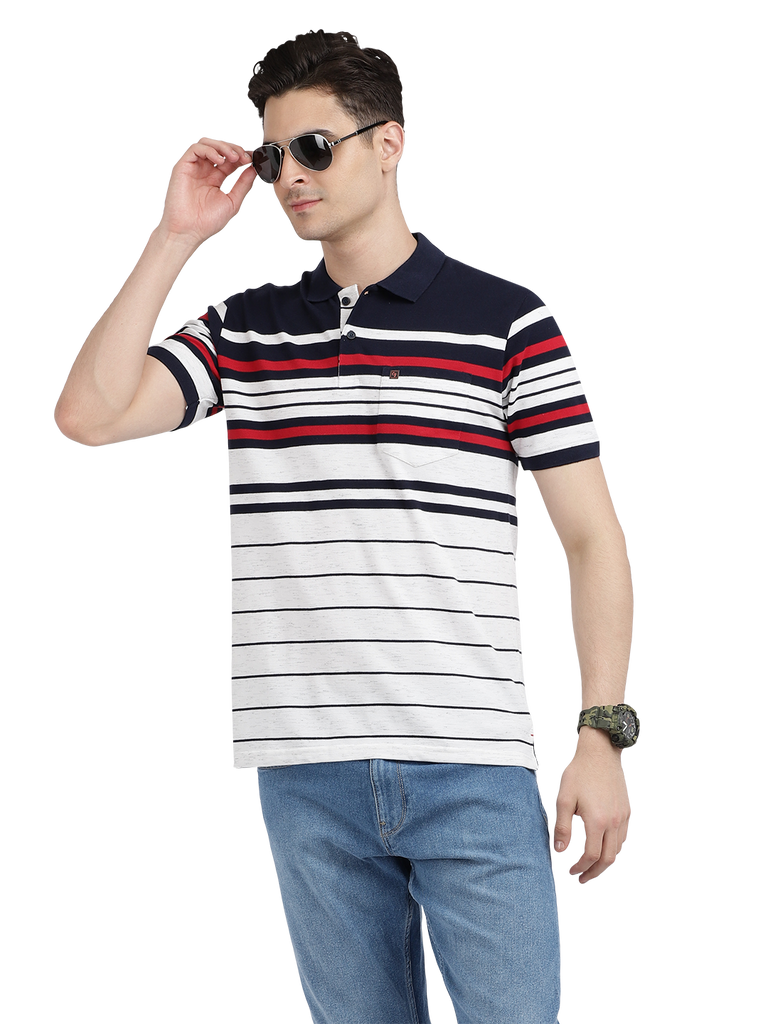 Model wearing Clarke Gable's Navy with White Striped Polo Collar T-Shirt in a casual setting