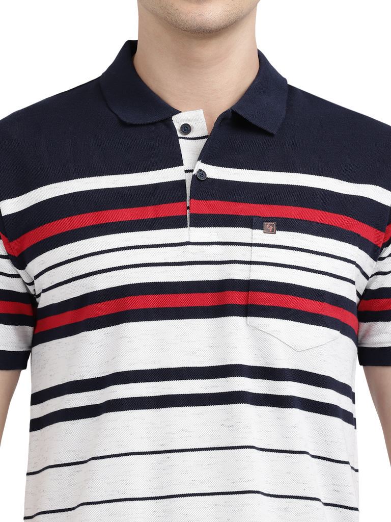 Model wearing Clarke Gable's Navy with White Striped Polo Collar T-Shirt in a casual setting